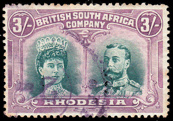 RHODESIA BSAC 1910 DOUBLE HEADS SCARCE 3s BRIGHT GREEN AND MAGENTA FISCALLY USED. SACC 158a FINE COL