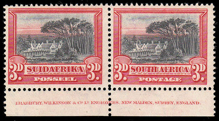SOUTH AFRICA 1927 LONDON PICT 3d PERF 14x13½ DOWN IMPRINT PAIR FINE MINT. SACC 34a. SCARCE