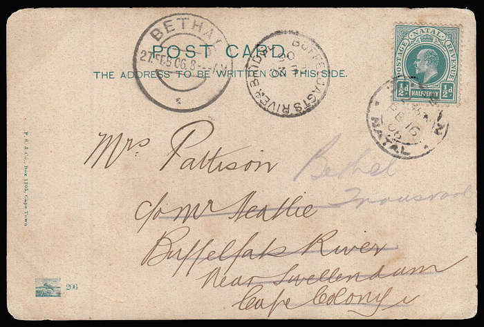 CGH 1906 COMPLETE "BUFFELJAGTS RIVER BRIDGE" POSTMARK ON RE DIRECTED POSTCARD FROM NATAL TO BETHAL