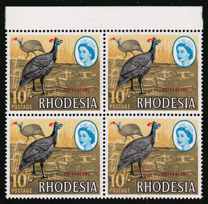 RHODESIA 1966 HARRISON PRTG 10s BLOCK WITH DRAMATIC LEFT SHIFT OF RED COLOUR. VERY FINE MNH