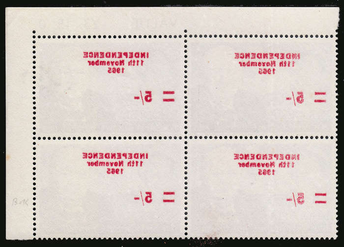 RHODESIA INDEPENDENCE OVPT 5s CHURCHILL BLOCK OF 4 WITH COMPLETE OFFSET OF OVERPRINT. MNH SACC 130 V