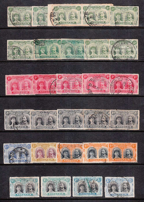 RHODESIA DOUBLE HEADS USED ACCUMULATION TO 2s, ODD FISCAL. MANY SHADES, AVERAGE CONDITION