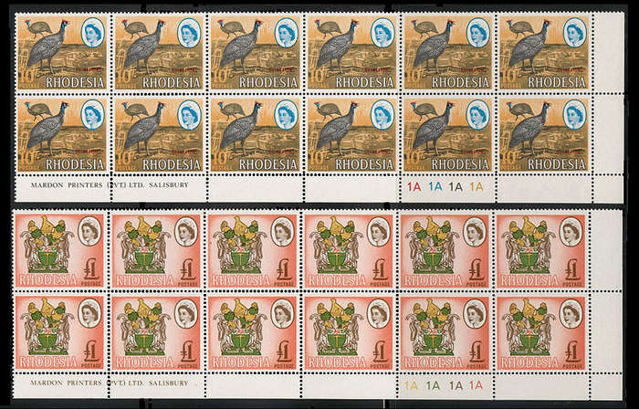 RHODESIA 1966-70 MARDON PRTGS 10s AND £1 IN MARGINAL IMPRINT/CONTROL BLOCKS OF 12 VERY FINE MNH