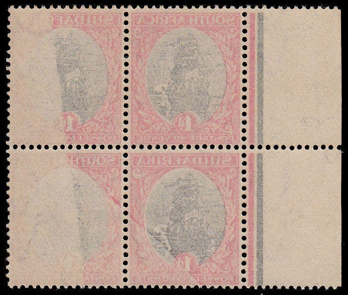UNION 1927 PRETORIA PRTG 1d BLOCK OF 4 WITH LARGE PART OFFSET OF RED. TOP PAIR FRONT LMM, OFFSET MNH
