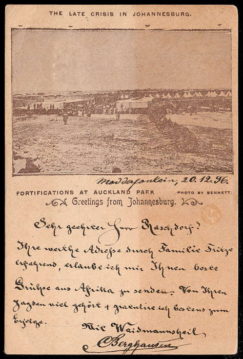 TRANSVAAL 1896 VERY RARE ZUURFONTEIN PMK ON THE LATE CRISES IN JOHANNEBURG CARD TO GERMANY