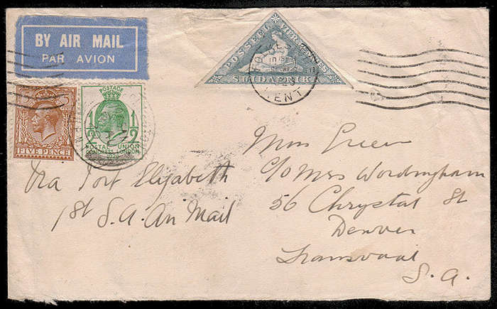 1929 COVER FRANKED GB 5d + ½d PLUS UNION 4d TRIANGULAR CANCELLED FOLKSTONE 6 AUG 1929. READ BELOW