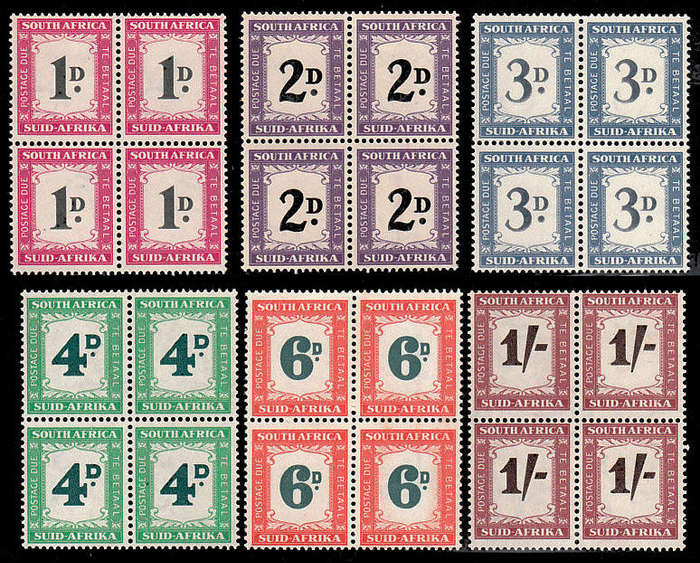 UNION 1950-58 POSTAGE DUES SET 6 VALUES IN BLOCKS OF 4 VERY FINE MNH. SACC 38-43. CAT R2600