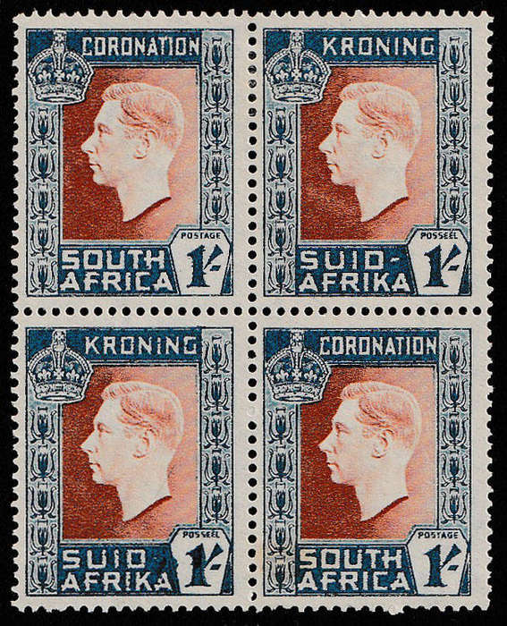 UNION 1937 CORONATION 1s BLOCK OF 4 WITH HYPEN OMITTED AND AFRIKAANS STAMP FINE MINT. SACC 74a
