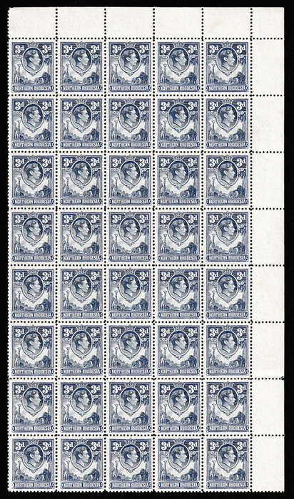 NORTHERN RHODESIA 1938 KGVI 3d ULTRAMARINE MARGINAL BLOCK OF 40 FINE MNH. SACC 34