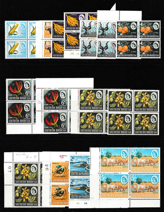 SOUTHERN RHODESIA 1964 ISSUE ODDMENTS IN BLOCKS OF 4 INCL 5s VERY FINE MNH. ODD DUPLICATION