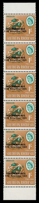 RHODESIA 1965 OVPTS 1s TOP/BOTTOM MARGINAL STRIP OF 6 WITH SLOPING SHIFT OF OVPT VERY FINE NMNH