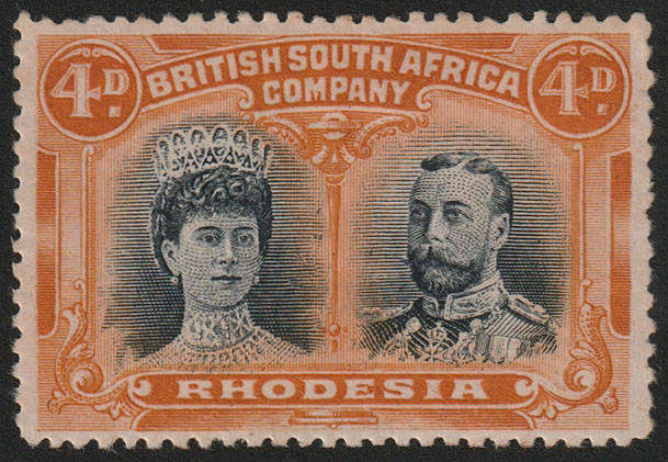 RHODESIA 1910 DOUBLE HEADS 4d PERF 14 BLACK AND ORANGE SHADE, THICK EAR PRTG POS 47 FINE MINT. RSC C