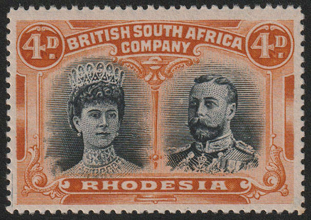 RHODESIA 1910 DOUBLE HEADS 4d PERF 15 BLACK AND ORANGE, POS 8 WITH PRINTERS MARK AT LOWER LEFT MNH