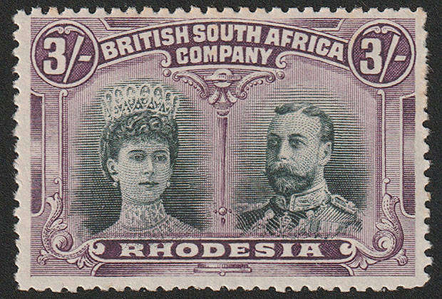 RHODESIA DOUBLE HEADS 3s GREEN AND VIOLET SHADE SHOWING GASH IN EAR VARIETY FINE MINT. SACC 158