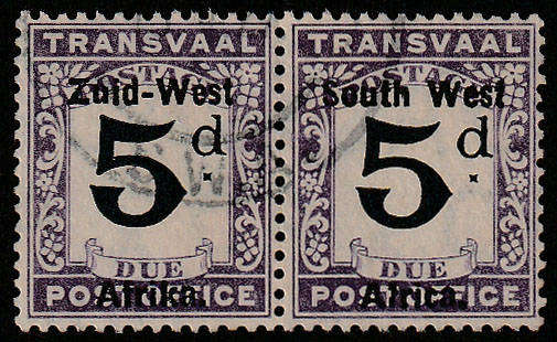 SWA 1923 POSTAGE DUES 5d TRANSVAAL BLACK AND VIOLET PAIR VERY FINE USED. SACC D7