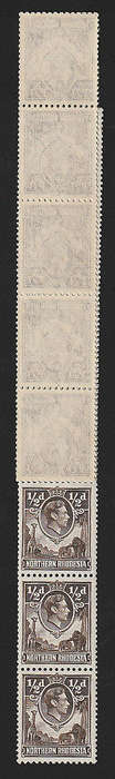 N RHODESIA 1938 KGVI ½d CHOCOLATE COIL STRIP OF 17 WITH COIL JOIN VERY FINE MNH. SACC 26a/b
