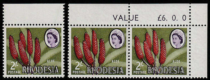 RHODESIA 1966 HARRISON PRTG 2s SHEET CNR PAIR AND SINGLE WITH LIGHT SHIFT BLACK COLOUR. MNH SACC 140