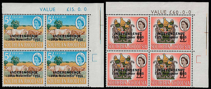 RHODESIA 1966 INDEP OVPT 5s CATTLE AND £1 IN SHEET VALUE CORNER BLOCKS VERY FINE MNH. SACC 127, 130