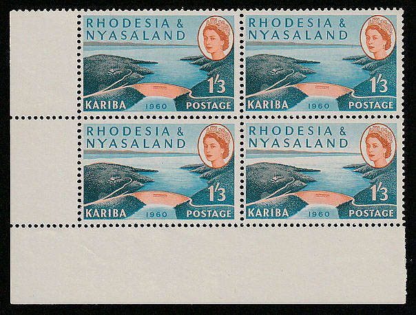 RHODESIA & NYASALAND 1960 KARIBA DAM 1s3 BOTTOM 2 STAMPS WITH WHITE LAKE VARIETY VERY FINE MNH