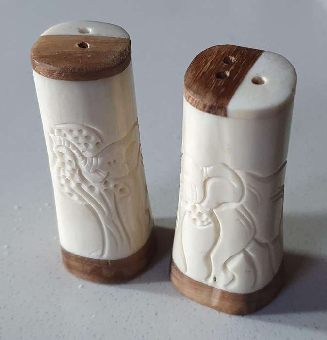Unique SALT and PEPPER SET - WOOD AND BONE as per photo