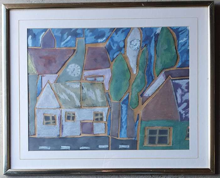 Original framed mixed medium painting behind glass as per photos