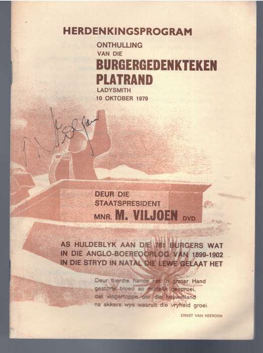 Herdenkingsprogram onthulling van die Burgergedenkteken Platrand Ladysmith 10 Okt. 1979, SIGNED