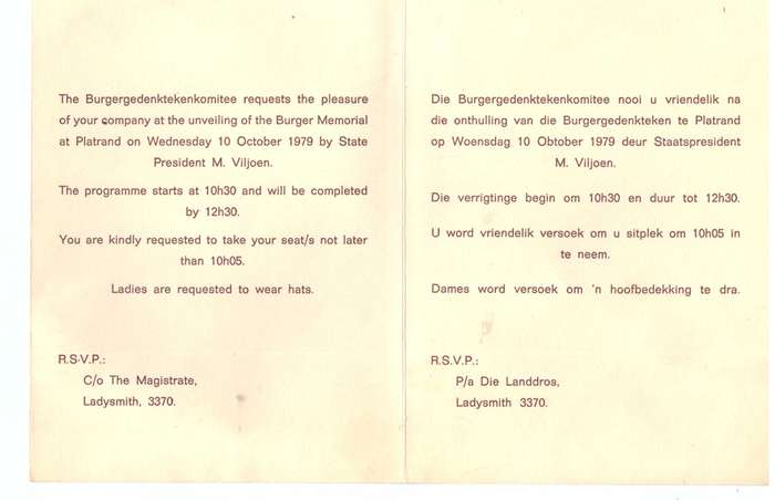 Herdenkingsprogram onthulling van die Burgergedenkteken Platrand Ladysmith 10 Okt. 1979, SIGNED