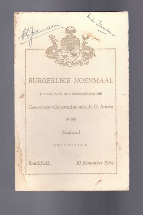 Spyskaart 1954, GETEKEN deur Goewerneur-Generaal Jansen en ander