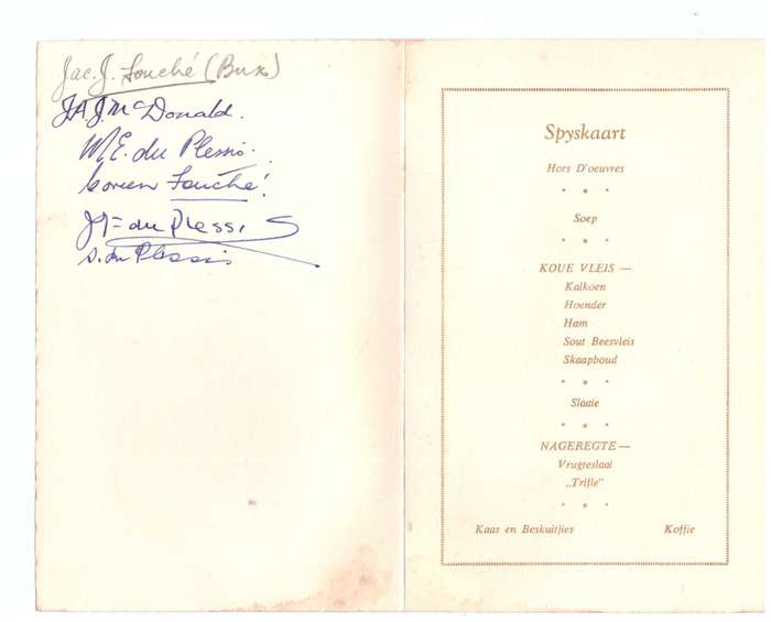 Spyskaart 1954, GETEKEN deur Goewerneur-Generaal Jansen en ander