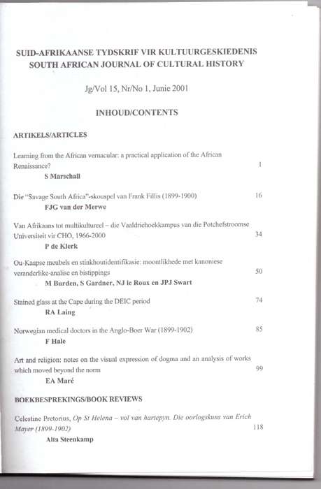 South African Journal of Cultural History /  Suid-Afrikaanse Tydskrif vir Kultuurgeskiedenis