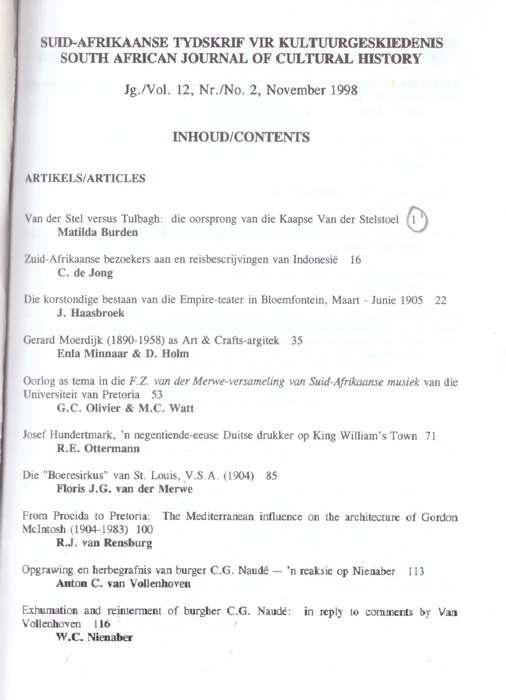 South African Journal of Cultural History, volume 12 (number 2) November 1998