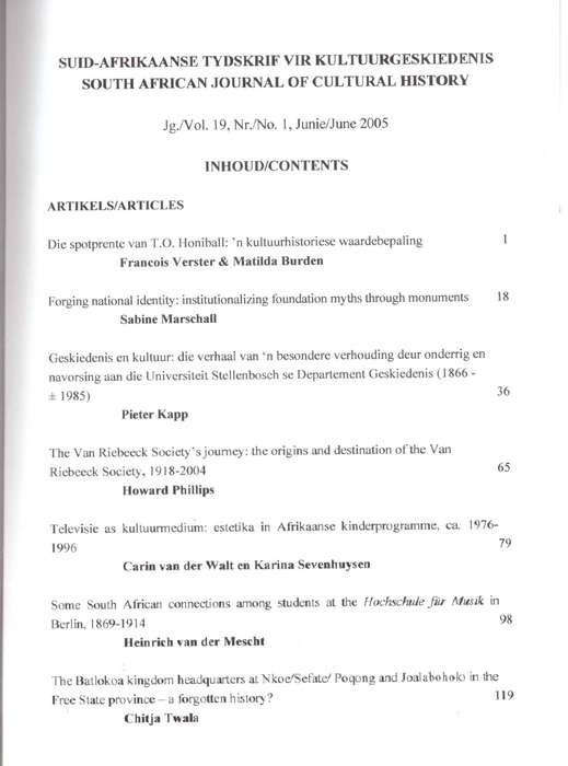 South African Journal of Cultural History, June 2005 & November 2005 (T.O. Honiball)