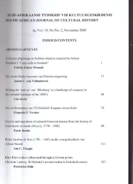 South African Journal of Cultural History, June 2005 & November 2005 (T.O. Honiball)