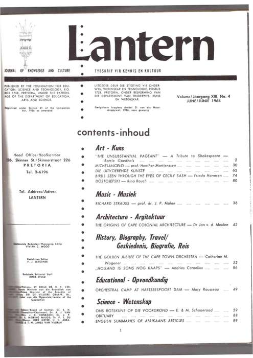 Lantern Journal / Tydskrif vir kennis en kultuur, A Tribute to Shakespeare, Ons rotskuns, etc..