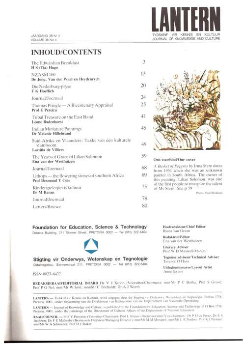 Lantern The Cultural Journal / Die kultuurtydskrif,  Thomas Pringle, NZASM 100, etc..