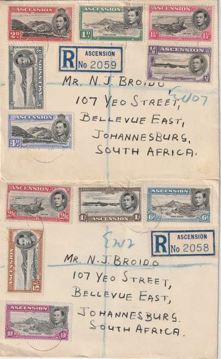 Ascension Islands 1939 KGVI registered covers with values to 10s  to South Africa