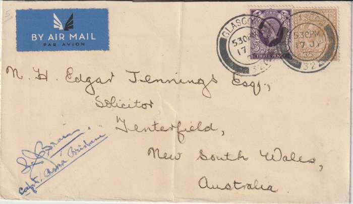 Australia 1935 First Flight cover Glasgow to NSW signed by pilot very  fine