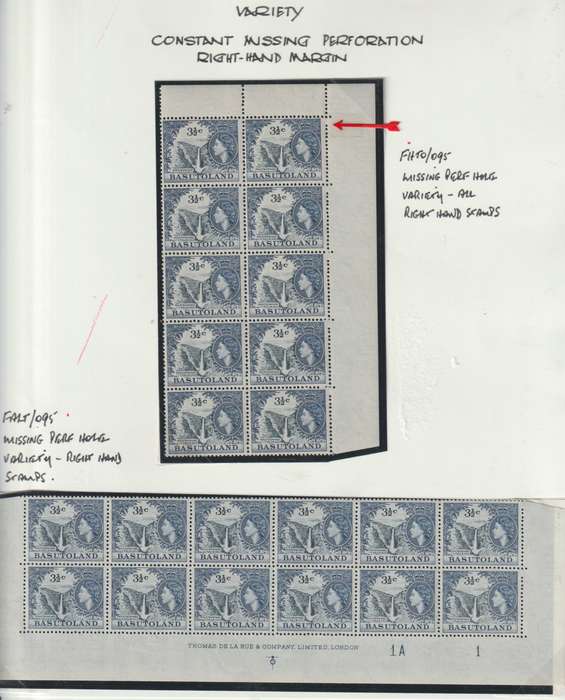 Basutoland 1961 QEII  Decimal  3 1/2c blocks of 10 & 12 with missing perforations