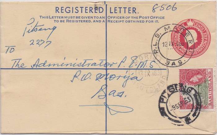 Basutoland 1953 QEII 4d Registered envelope uprated with 2d Pitseng to Morija very fine