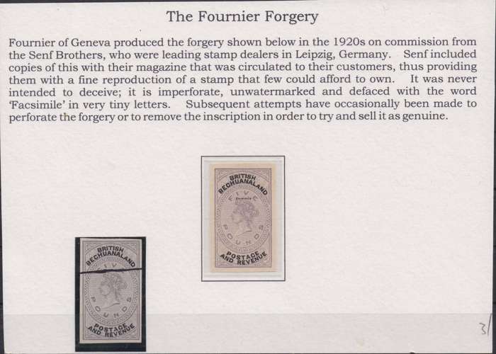 Bechuanaland 1887 QV £5 Fournier forgery imperforate including extra copy with line cancel