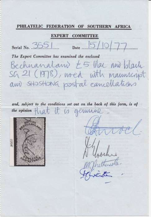 Bechuanaland 1887 QV £5 with manuscript and Shoshong postal canceller with certificate
