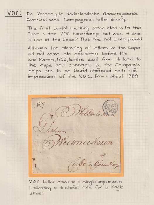 Cape of Good Hope 1800 letter to COGH with VOC 6 stuiwer marking  very fine