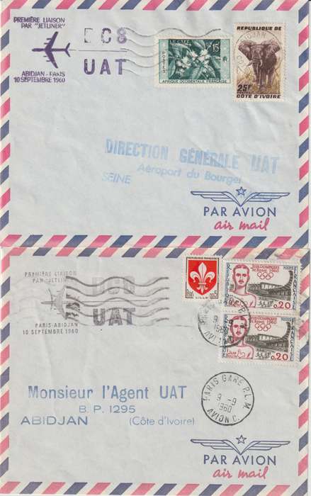 France 1960 First Flight covers to Abidjan & Douala and return very fine