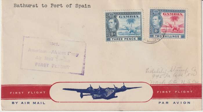 Gambia 1942 KGVI 3d & 2s on First Flight cover Bathurst to USA via Port of Spain / Trinida very fine