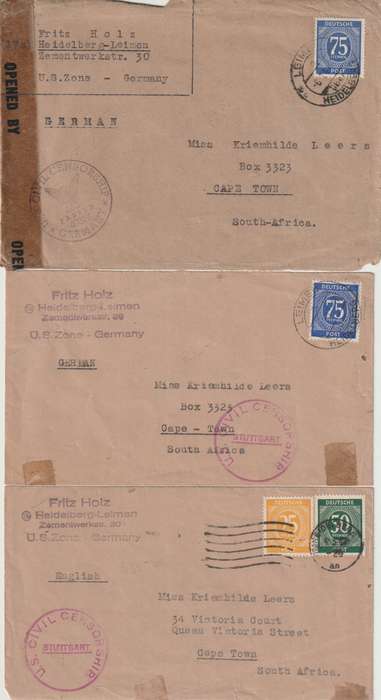 Germany Allied Occupation 1947 3x censored covers to South Africa