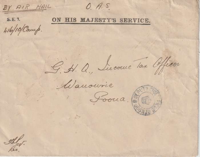 India 1942 OHMS OAS censored cover with FPO 41 Kirkuk, Iraq canceller on reverse