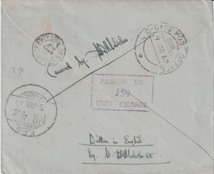 India 1942 OAS censored cover with FPO 42 Tel Aalz, Iraq canceller on reverse