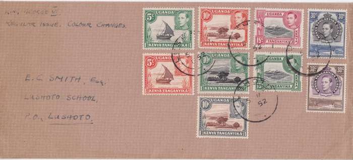 Kenya Uganda Tanganyika 1952 KGV colour changes 9 values on Lushoto cover