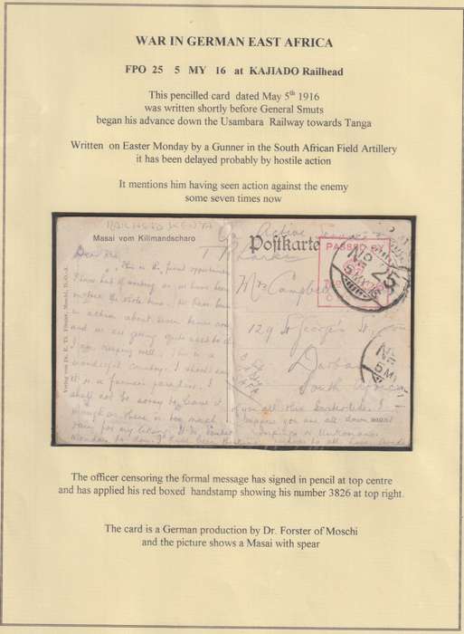 Tanganyika Nyasaland Rhodesia Force 1916 5 MY, OAS  card with FPO 25  Kajiado very  fine