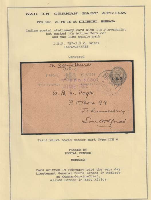 Tanganyika Nyasaland Rhodesia Force 1916 OAS India IEF 1/4a card with FPO 307 very  fine